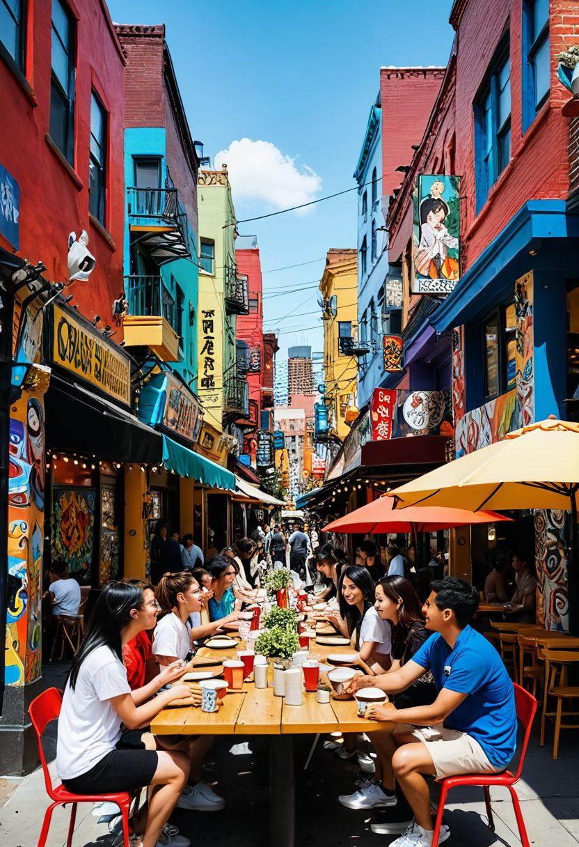 A vibrant street scene showcasing a diverse group of individuals engaged in lively conversations and artistic activities, surrounded by colorful murals inspired by Hentai art style. The backdrop features elements of urban culture, such as coffee shops and art stands, all infused with whimsical, fantastical motifs. Bright, exaggerated colors create a sense of joy and connection among the community. super-realistic. vibrant colors. urban environment.
